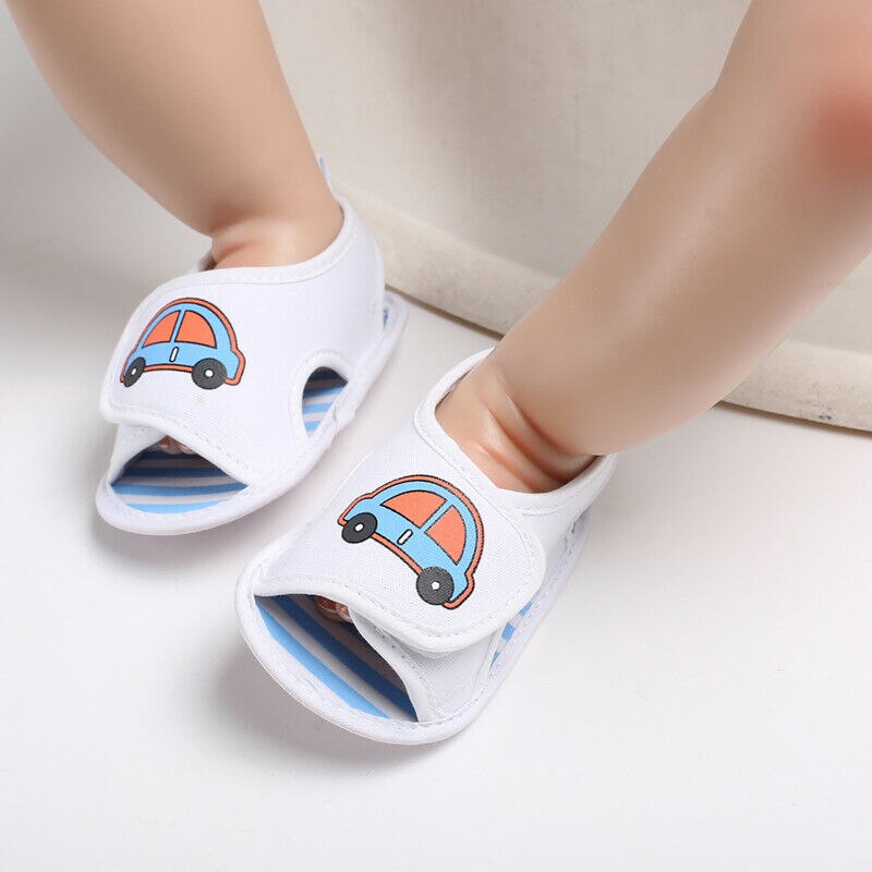 Sandália antiderrapante para bebês, tênis para bebês crianças, meninas e meninos, sola macia, tênis ajustável, primeiros passos, estampa de carro, 2019 sapatos fofos