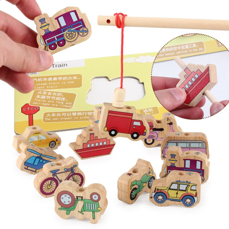 Baby Safety Beaded Learning English Animal Card Education Wooden Blocks Cartoon Lacing Wooden Threading Beads Game Education Toy