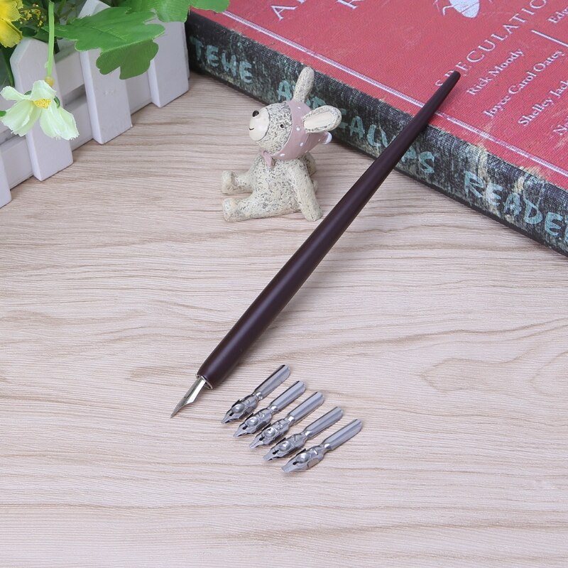 Wood English Calligraphy Pen Copperplate Script Oblique Dip Pen Holder + 5 Nib