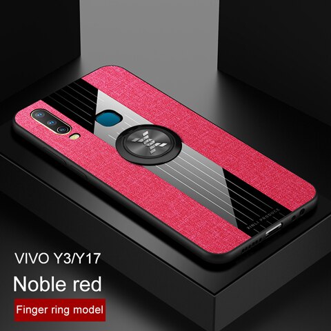 Vivo Y17 Y15 Y12 Y3 Phone Case Car Magnetic Ring Stand Cloth Stitching Back Cover Shockproof Armor Casing: For ViVO Y3 / Red