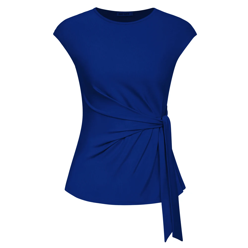 Gk kvinder bluser foran sløjfe knude dekorerede toppe klassiske kasketærmede rund hals pullover sommertoppe bluser femme: Xl / Blå