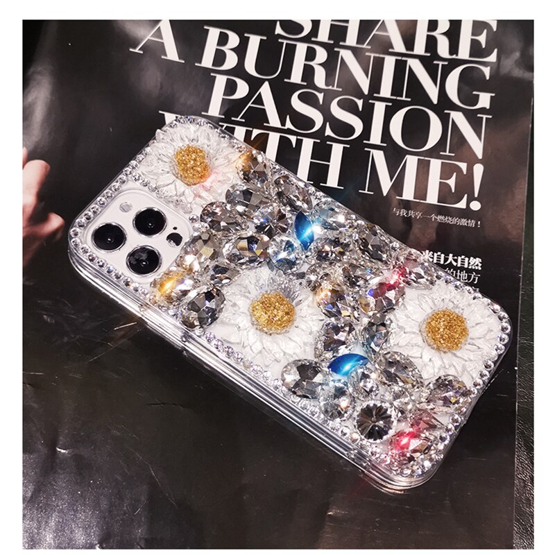 Bling Diamond Daisy Bloem Crystal Case Voor Iphone 12 11 Pro Max Xs Xr X 7 8 Plus 12 Mini case Glitter Strass Zachte Tpu Cover