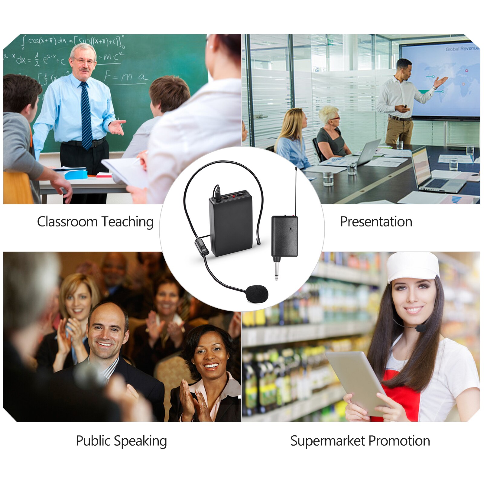 Portable VHF Wireless Microphone System with Headset Mic + Bodypack Transmitter + Mini Receiver with 6.35mm Plug for Meeting