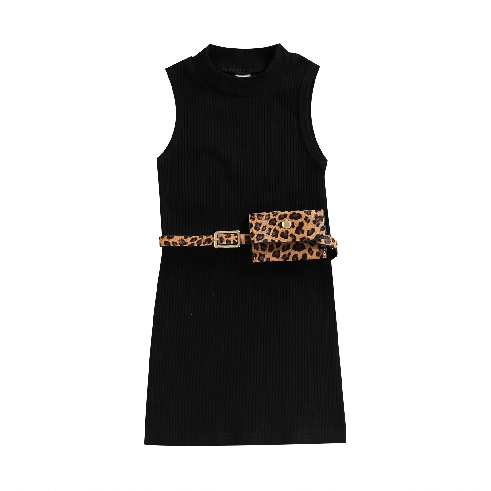 Vestido de verano para niñas de 1 a 6 años con cuello redondo, sin mangas, Color sólido, con cinturón y bolsa: Negro / 3 años