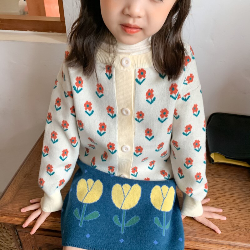 Moda Casual gonna bambino dolce carino motivo floreale cotone mezza lunghezza Faldas autunno ragazze maglieria dritta Faldas Cortas: blue / 90-18-24M