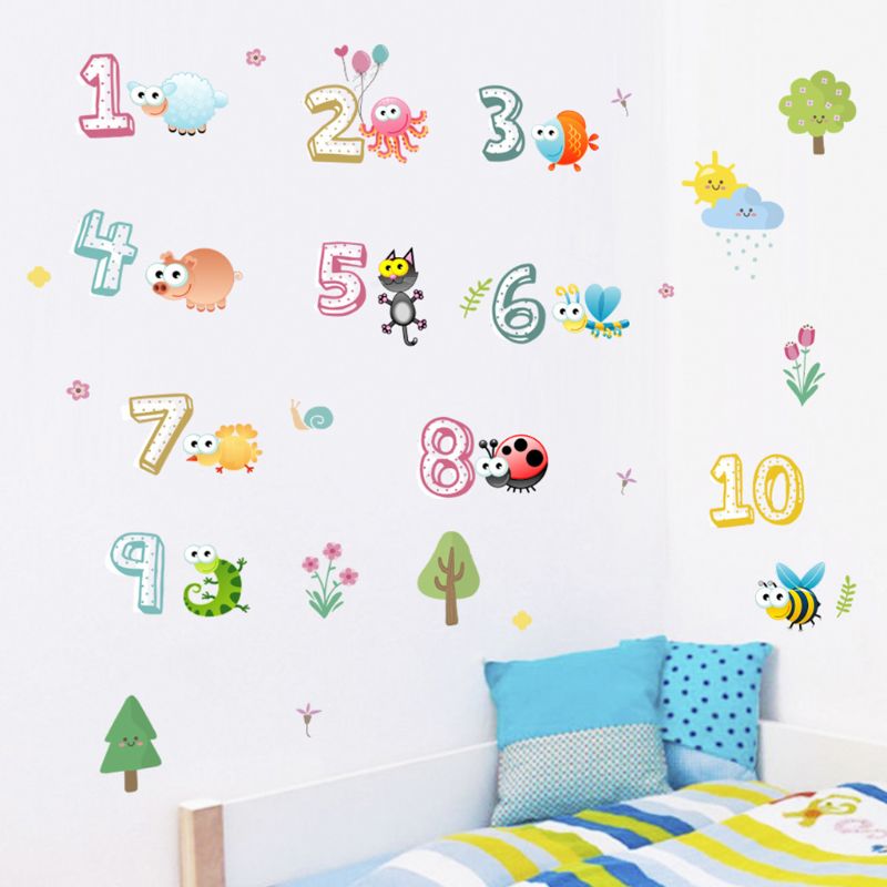 Animal Number Cartoon Wall Sticker Children Room Kindergarten Classroom Layout Early Education Self-adhesive Paper Mura