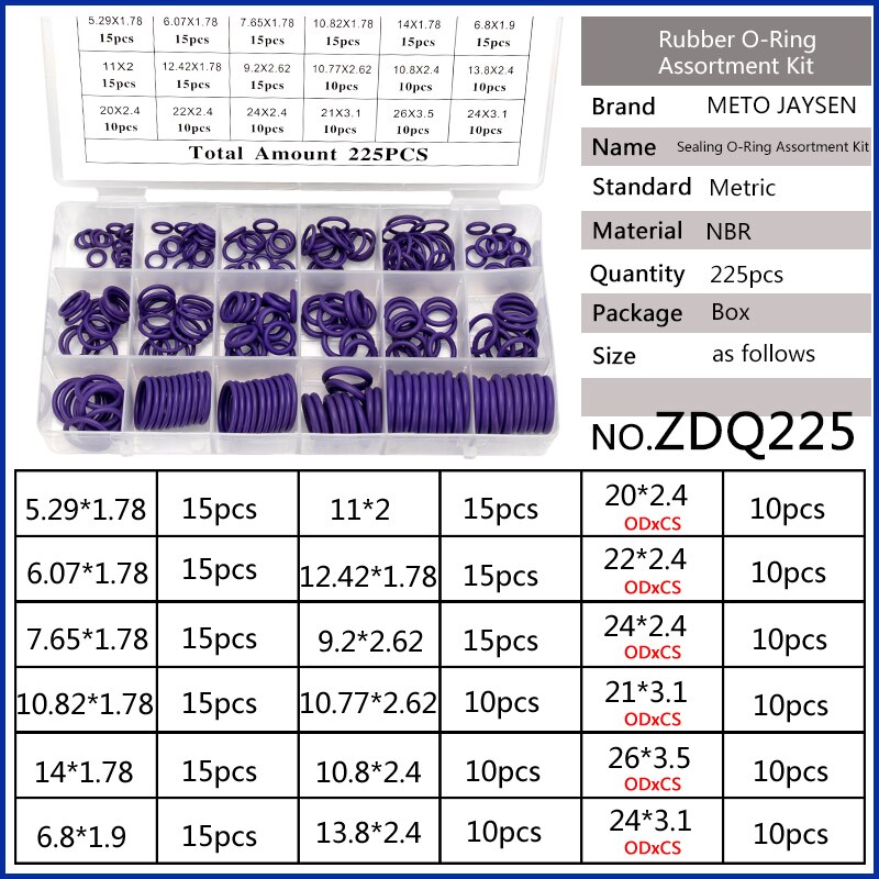 270PCS Paars Natuurlijke Buna Rubber (NBR) O Ringen Assortiment Set Vervanging Afdichting Spare Pakking Kits O-Ring 18 Maten Beschikbaar: ZDQ225 x2