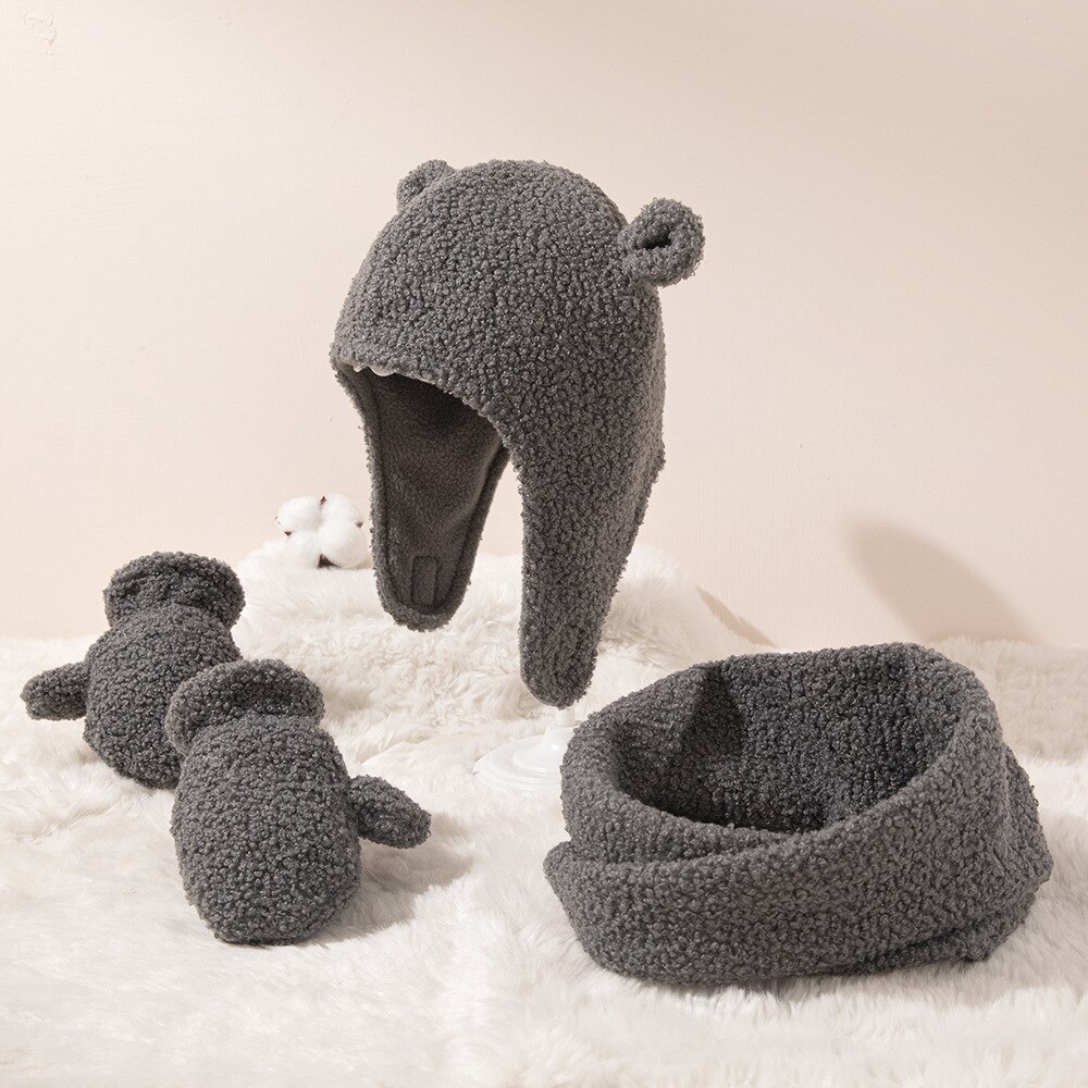 Kids Winter Warm Set Muts Sjaal Handschoenen 4 Stks/set Unisex Kind Teddy Kasjmier Fleece Motorkap Leuke Cap En Tonale sjaal Handschoenen