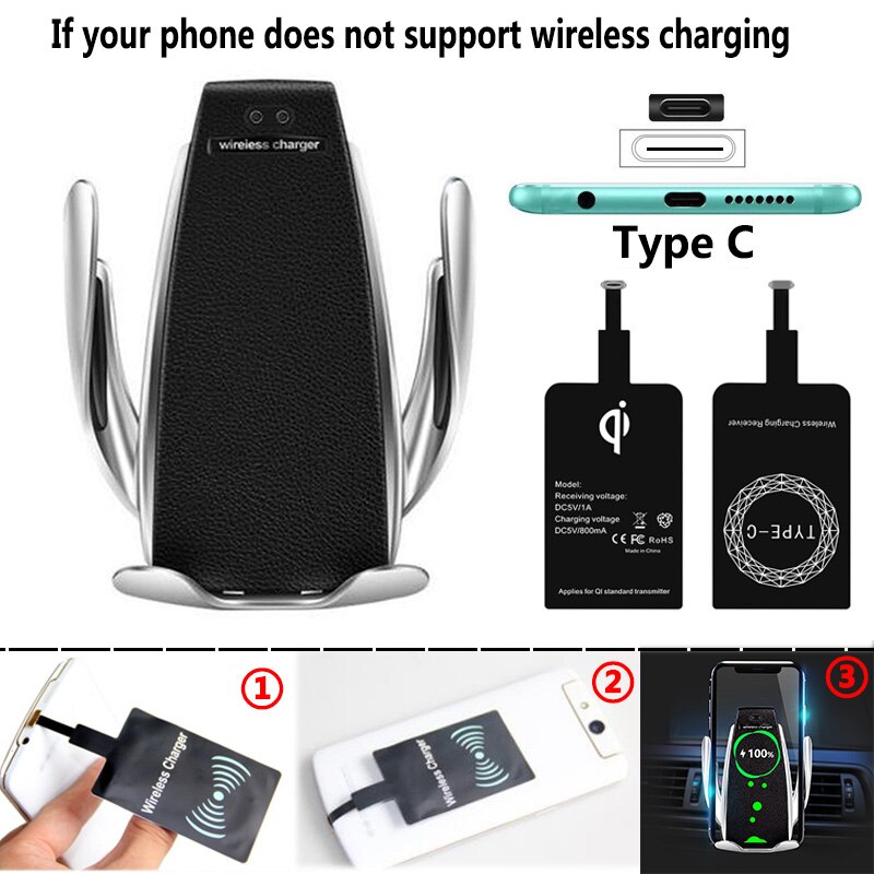 10W Wireless Car Charger S5 Automatische Spannen Snel Opladen Telefoon Houder in de Auto voor iPhone xr Huawei Samsung smart Telefoon: for Type-C