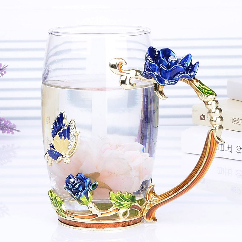 Blå rose emalje krystal te kop kaffe krus sommerfugl rose malet blomst vand kopper klart glas med ske sæt: 02