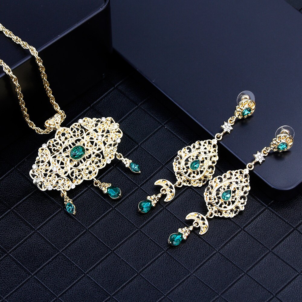 Sunspicems árabe ouro cor pulseira brinco broche dubai étnico jóias de casamento presentes de noiva marrocos feminino cristal conjuntos de jóias: LL129U130GREEN