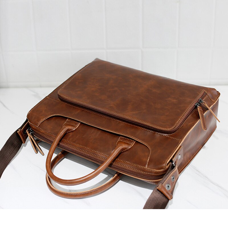 PLadderman Women's leather shoulder bag large capacity 14-inch notebook briefcase messenger bag vintage leather business bag