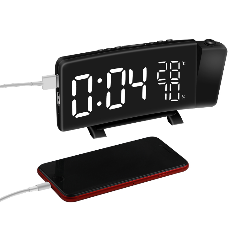 1*Clock+1*Charging Cable USB Digital Alarm Clock Thermometer Hygrometer Projection FM Radio LED Display