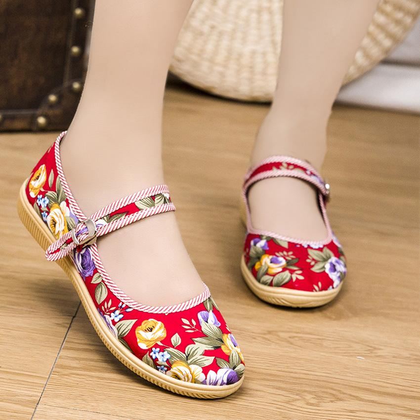 Chinesische Schuhe Frauen Blumen- drucken Maria Jane Wohnungen Nationalen retro Jahrgang Ethnische Sandalen Weibliche lässig Schuhe Traditionellen Hausschuhe