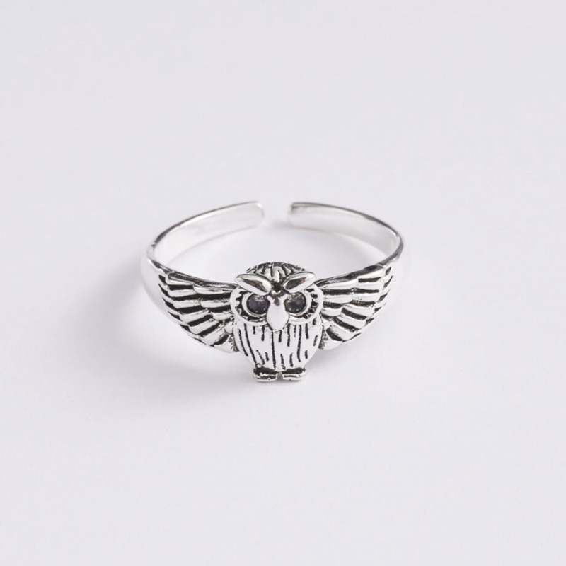 Anillo de plata de primera ley con forma de búho para mujer, sortija, plata esterlina 925, estilo Retro, personalidad, estilo literario, , apertura de tamaño variable, SRI114