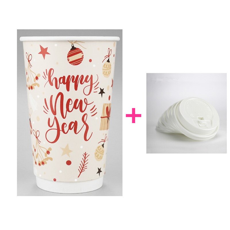 50 Pcs Christmas Party Favor Drink Dikke Dubbele Laag Papier Cup Anti-Brandwonden Wegwerp Koffie Cup Takeaway Pakket met Deksel: cup and lid1