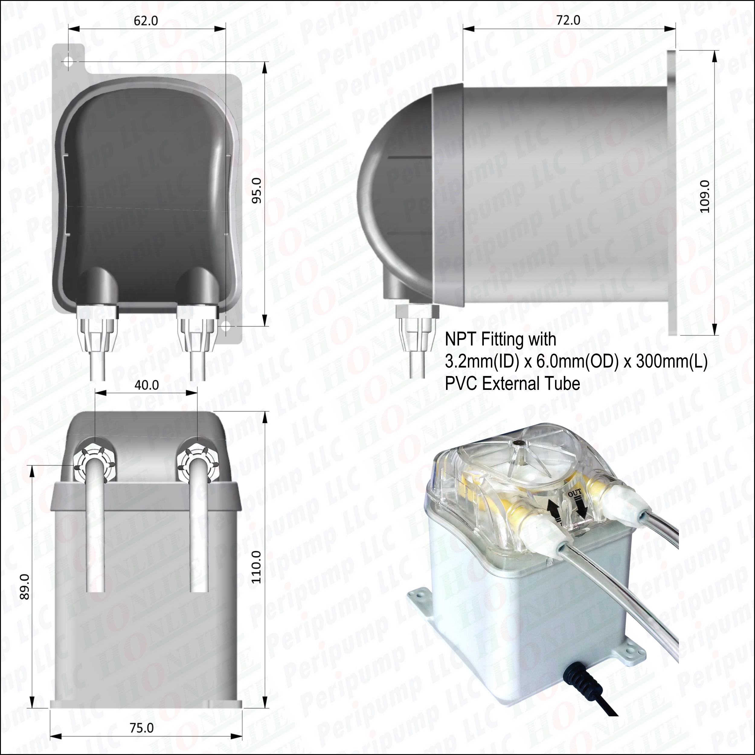 60ml/min, 4 rollers, Honlite 24V Peristaltic Pump with Exchangeable Pump Head and PharMed BPT Peristaltic Tube