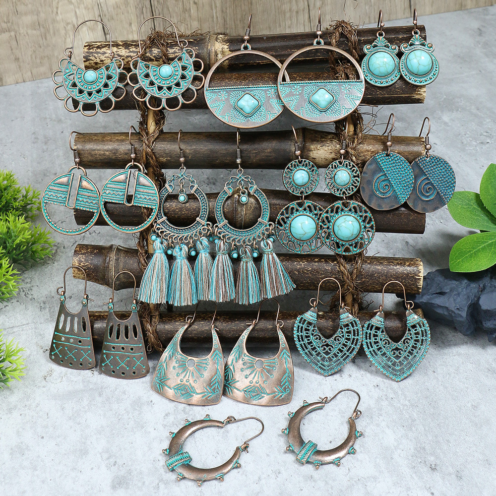 Pendientes bohemios étnicos Vintage de Color bronce para mujer, aretes colgantes geométricos de flor tallada en piedra azul clásica, joyería Jhumka