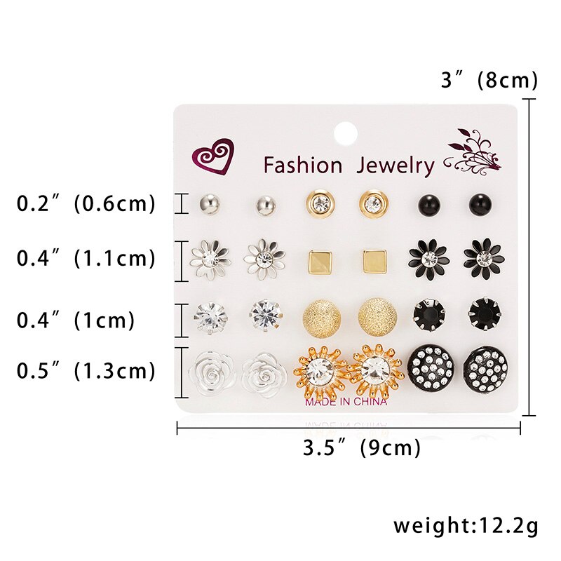 12 Pairs/set Classic Crystal Stud Earring Sets Women's Round Ball Metal Pearl Flower Earrings For Women Girl Mixed Jewelry: type 9