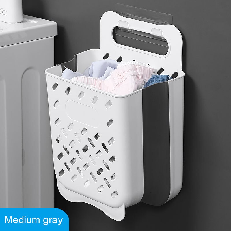 Bathroom Folding Dirty Clothes Storage Basket Laundry Basket Household Wall Hanging Large Portable Punch-Free Put Clothes Bucket: Medium Gray Basket