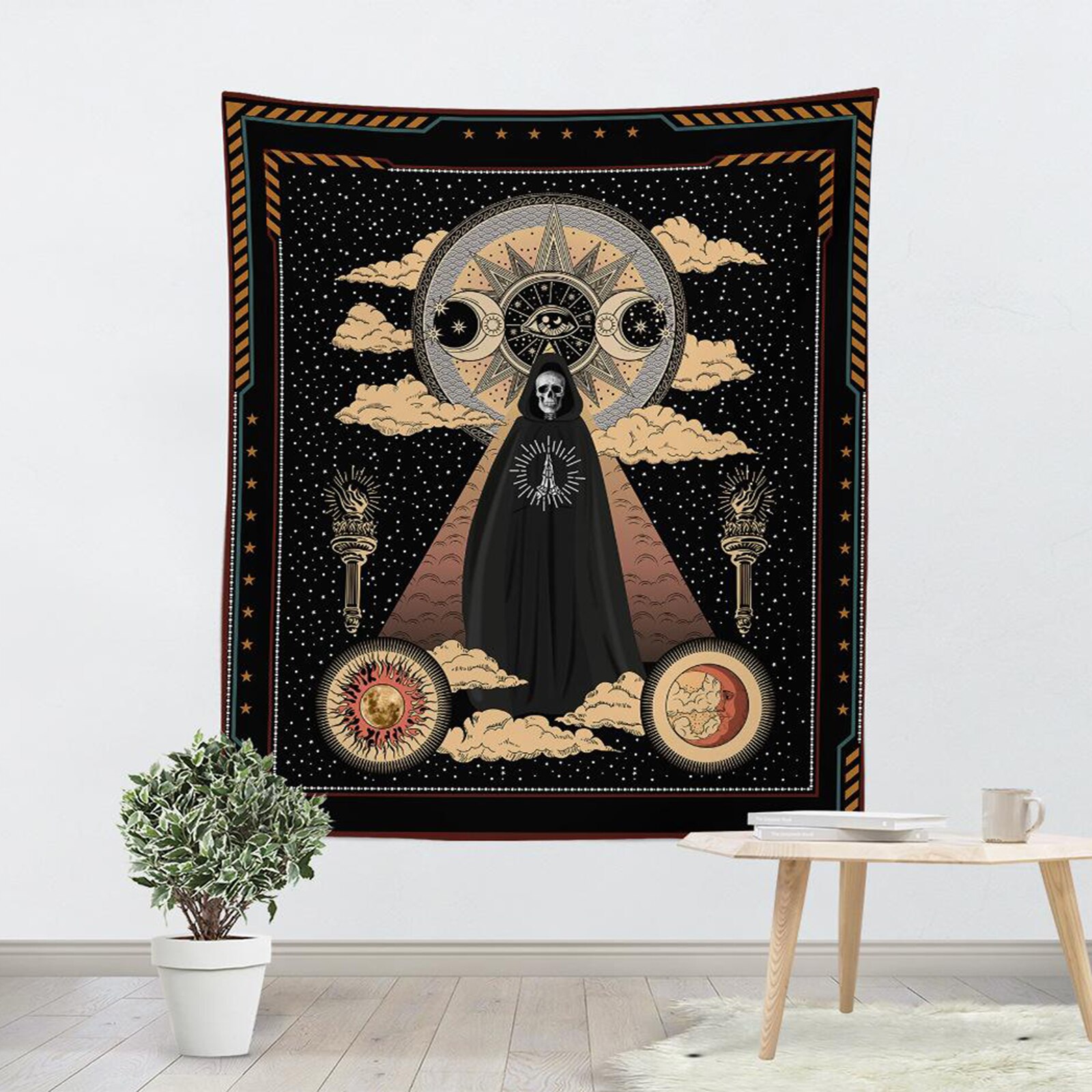 Garden Tapestry Moon Phase Surrounded by Vines and Flowers Black Wall Decor Tapestry: Style2 150x200cm