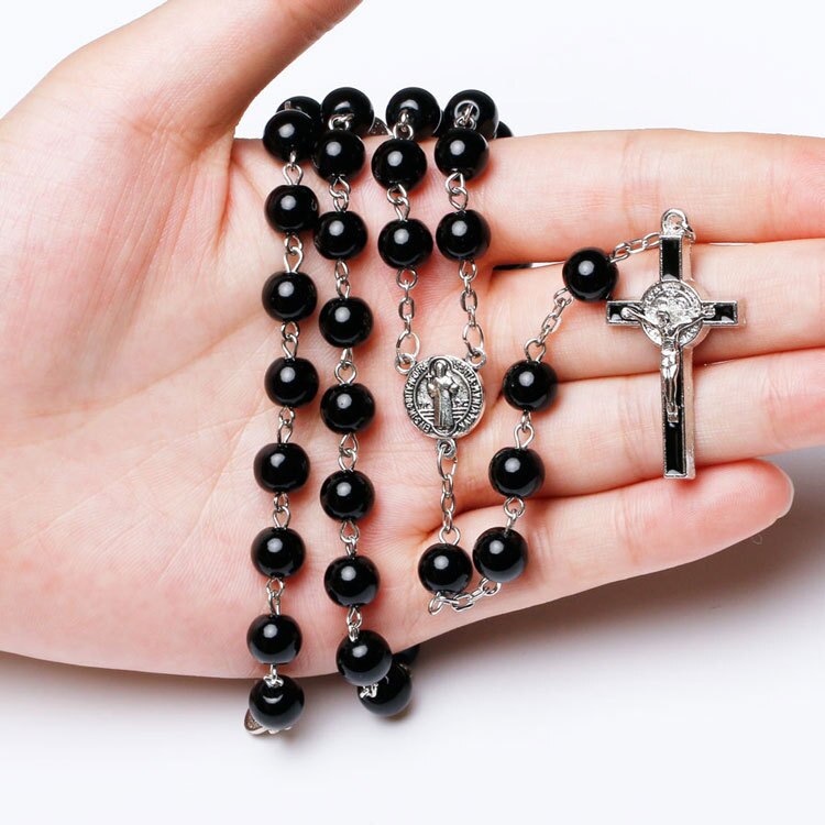 Katolske sorte rosenkransperler halskæde til kvinder mænd krydser lange vedhæng halskæder bedende religiøse smykker kirke: Default Title