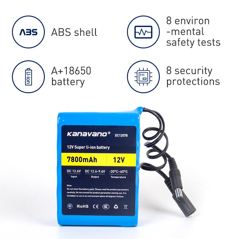Kanavano 12 v 7.8AH 7800 mAh 18650 Oplaadbare batterijen 12.6 V DC Lithium batterij Beschermen en 12.6 V 1A lader + Gratis winkelen