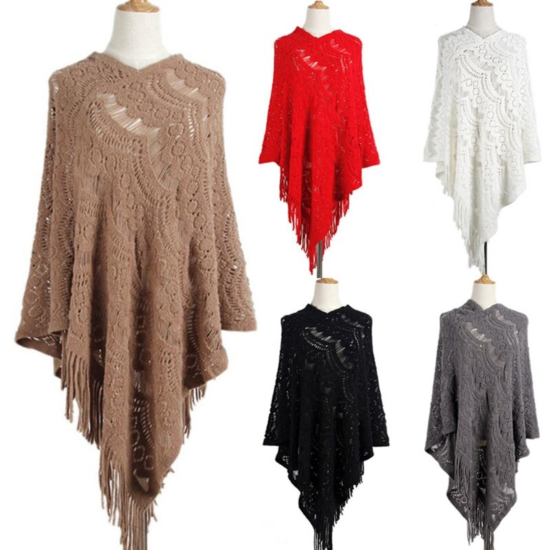 Women Hollow Out Crochet Sweater Cape Pullover Knit Shawl Scarf Tassel Poncho M89E