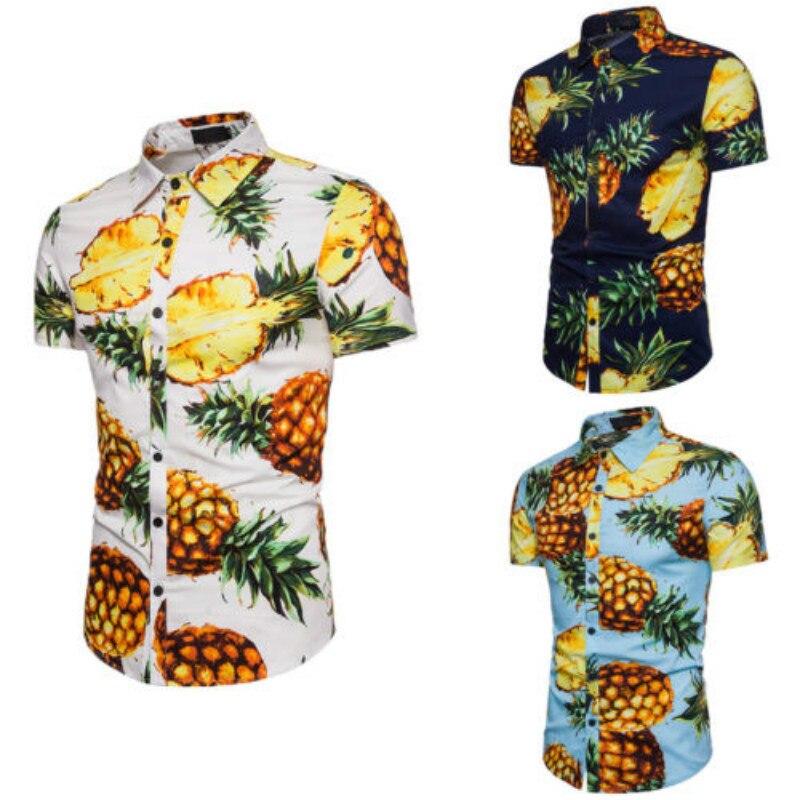 Miesten kesä ananasprinttipaidat rento lyhythihaiset havaijilaiset rantatopit alaspäin kaulus mies trooppinen camisa masculina paita
