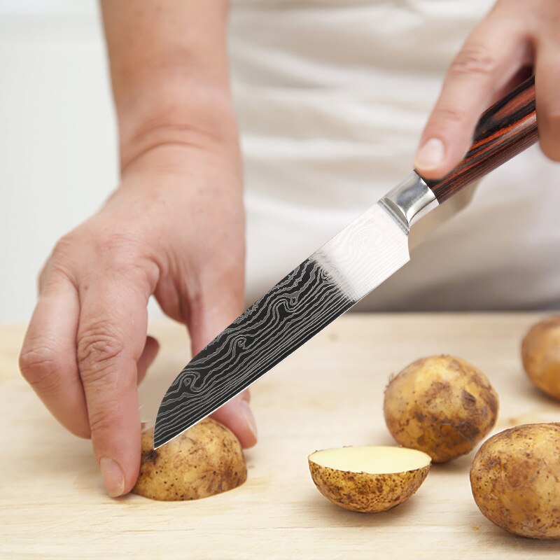 5 Inch Japanse Keukenmessen Rvs Patroon Chef Fruit Sharp Santoku Cleaver Snijden Utility Messen Tool