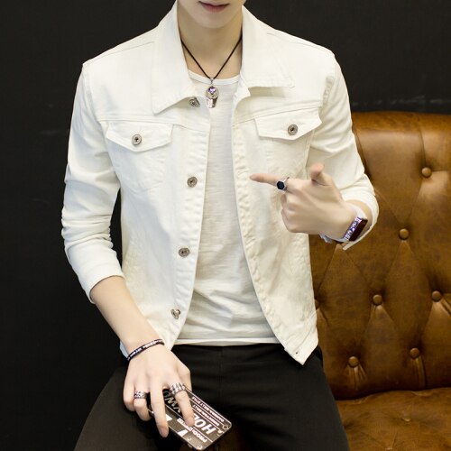 Chaqueta vaquera ajustada para hombre, chaqueta vaquera ajustada a la , de bolsillo, clásica, color blanco y negro, para primavera y otoño,: white / XXXL
