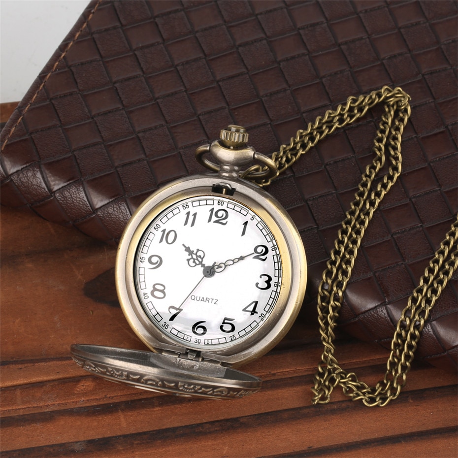 Antique Bronze Hollow Flower Quartz Pocket Watch Arabic Numerals Display Necklace Watches Fob Chain Half Hunter Pocket Clock