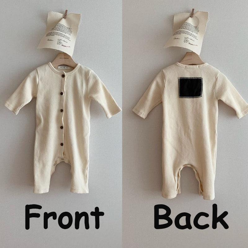 Bebê recém-nascido traje infantil dos miúdos do bebê meninas meninos roupas de algodão manga longa com nervuras macacão de volta remendo macacão do bebê onesie 0-24m: Bege / 24 m