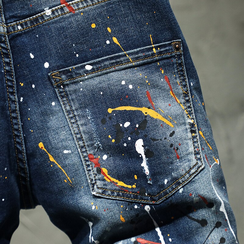 Short en jean déchiré peint pour hommes, Streetwear, Slim, trous, culotte extensible, été