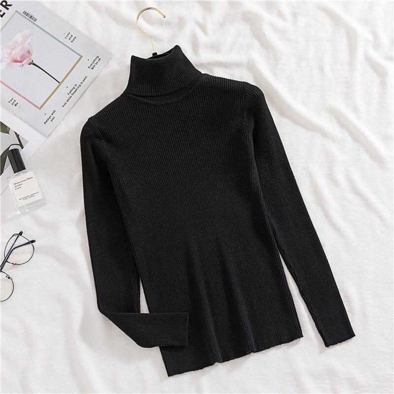 H.SA Autumn Basic Turtleneck Sweater Casual Soft Solid Jumper Korean Sweater Slim Femme Elasticity Winter Pullovers: LM8542 Black