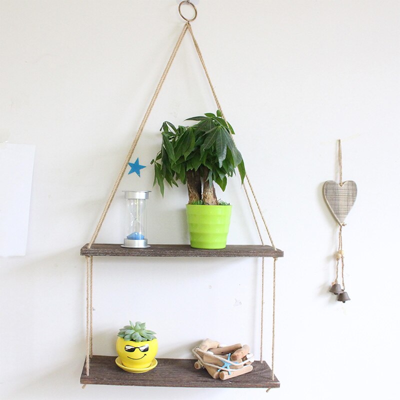 Estante colgante de madera de cuerda hecho a mano, decoración de pared rústica, flotante, madera sólida Natural