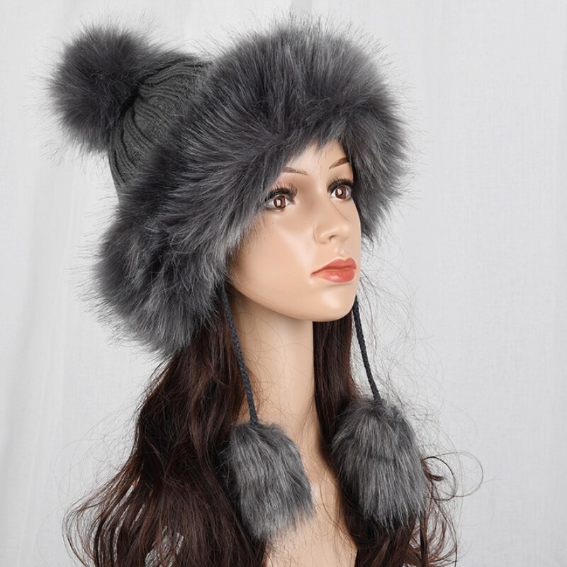 HT2105 Big Fur Pompom Ball Winter Hats for Women Russian Ushanka Hat Thick Warm Fur Hat Earflap Ski Cap Women Knitted Hat