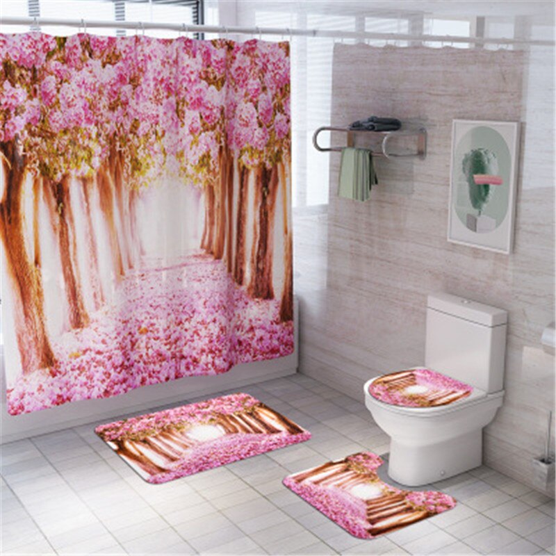 4 stk / sæt badeværelsesmåtte sæt skridsikker sakura naturskøn bademåtte koral fleece badeforhæng gulvmåtte vaskbart badeværelse toilet tæppe: Yl154 og  sy79