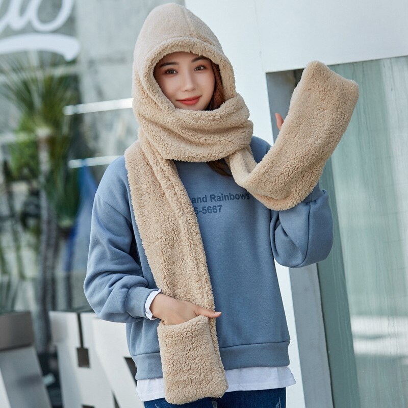 3 In 1 Vrouwen Warm Hood Sjaal Snood Pocket Handschoenen Hoed Leuke Voor Winter Outdoor-MX8