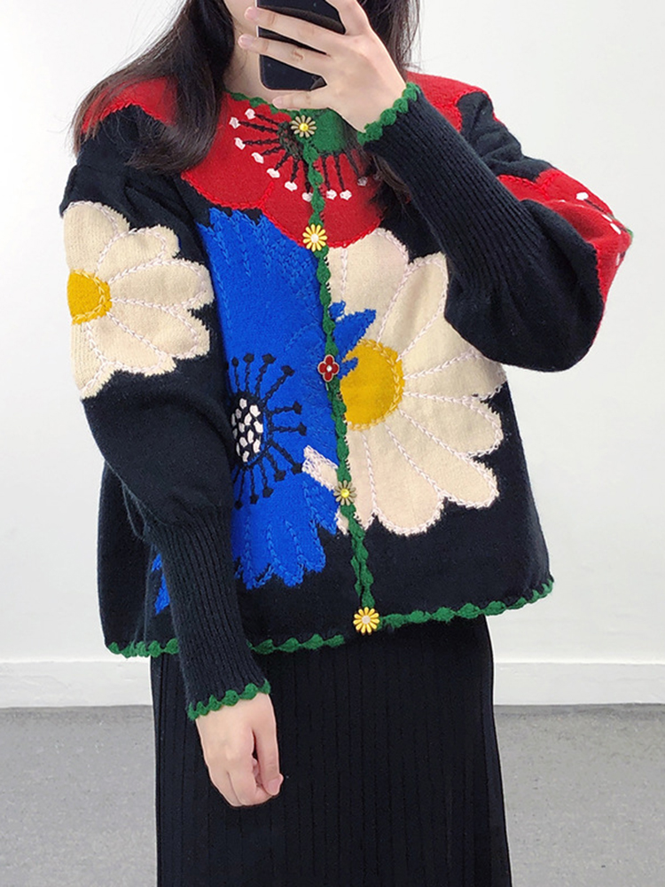 Khalee yose boho blomstret strikket sweater cardigan tyk blomst sort farverig efterår vinter kvinder sweatere kvinder dame cardigans