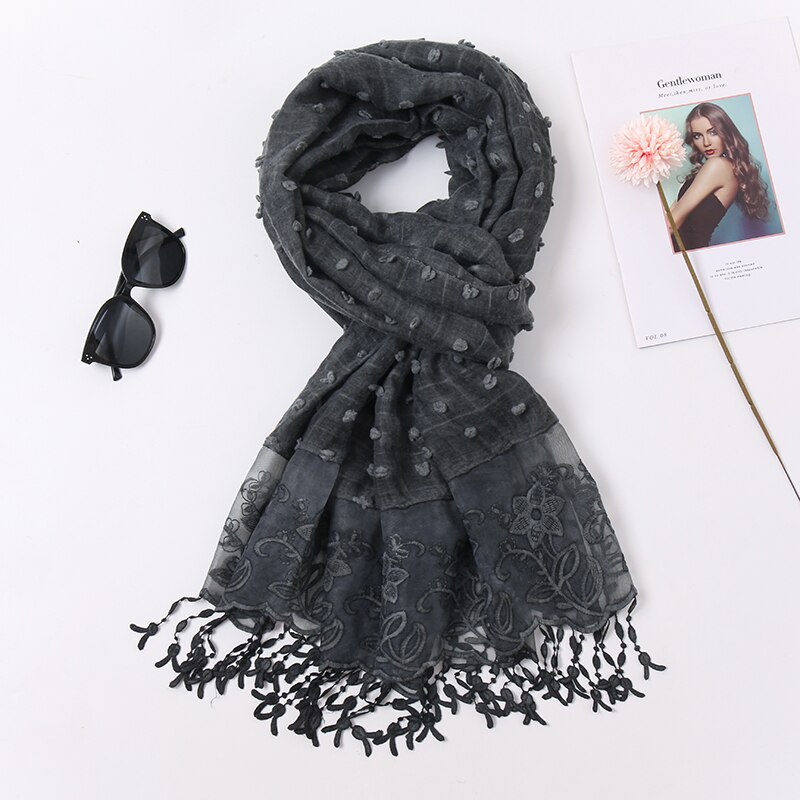 plaine Pom coton écharpe Plaid gland dentelle brodé coton foulards femmes musulman Hijab étoles femme bandeau à fleurs 1PC: 1