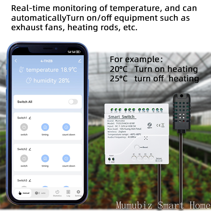 Tuya Smart TH10 Zigbee 4-kanaals schakelaar met temperatuur- en vochtigheidssensor Passief droog contact Zigbee-relais Werk met Alexa