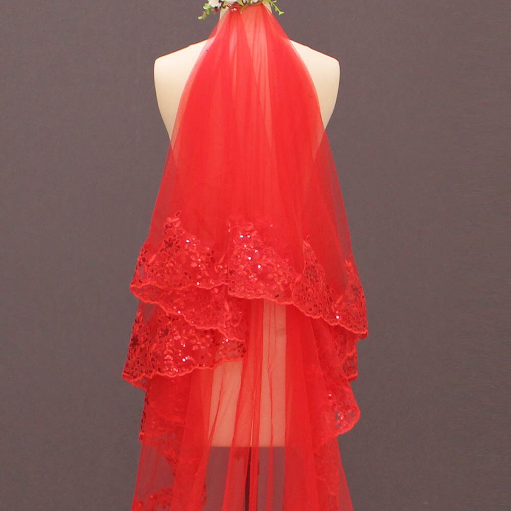 Stunning Red Wedding Veil 2 Layer Long Bridal Veil with Sparkling Sequins Colorful Cover Face Veil with Comb Velo Novia Encaje