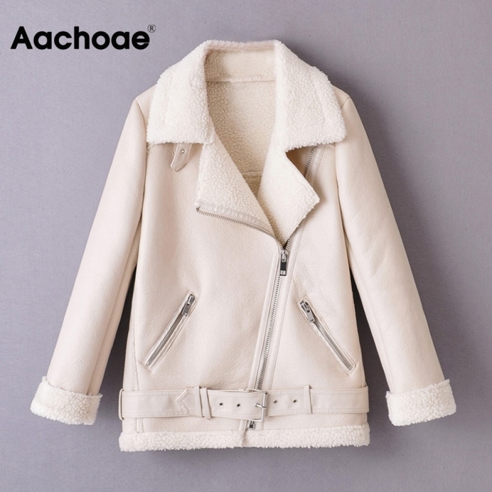 Aachoae Frauen Winter Feste PU Faux Leder Jacke Mit Gürtel Dicke Warme Reißverschluss Langarm Mantel Weibliche Streetwear gepolstert Jacken