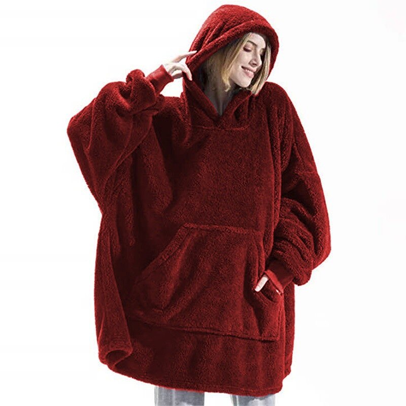 Gruesa Bata Manta Polar Unisex con Capucha para Adultos y Niños, Cálida Sudadera Albornoz con Bolsillo Gigante, Mantas Compensadas para Viajar, el Hogar y Camas: NEW winered