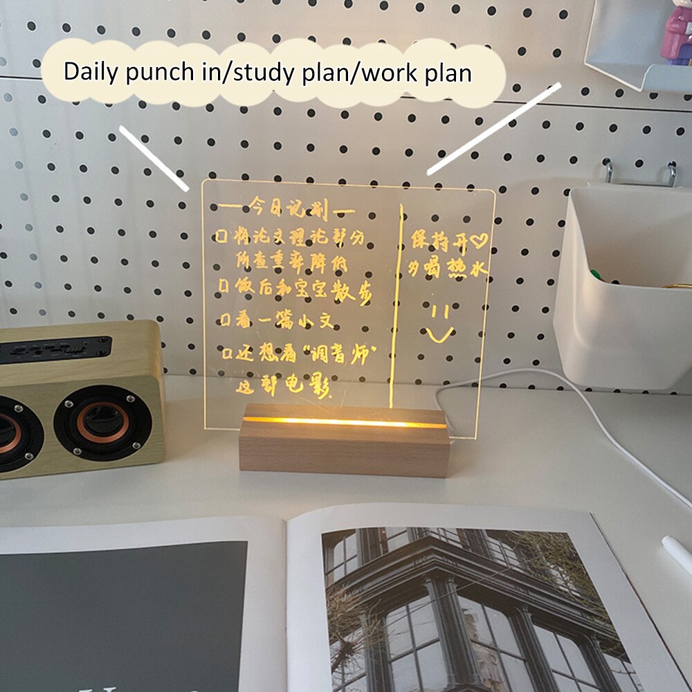 Clear Writing Board Acrylic Message Board With Triangle Base Luminous Base Erasable White Pen Decoration