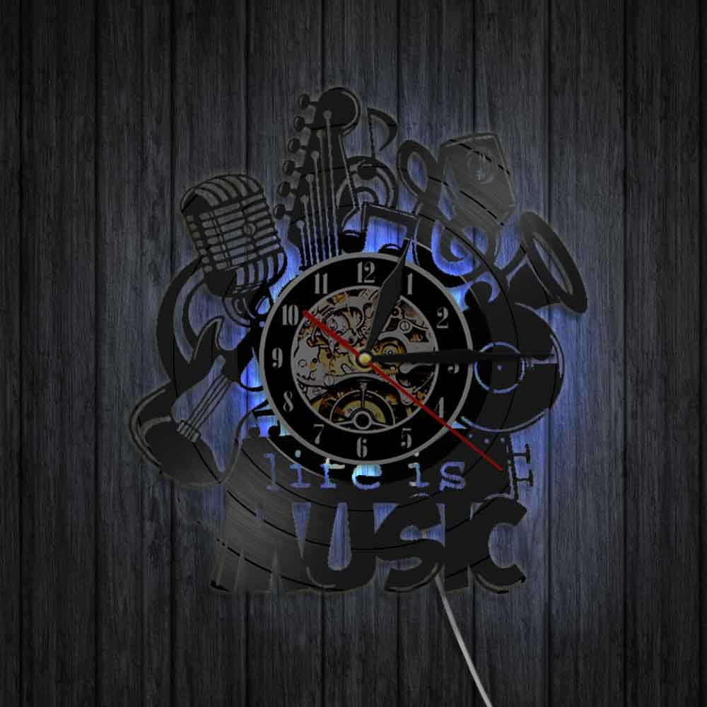 Horloge murale Vintage en vinyle avec musique Life Is, horloge murale, musique Antique, Vintage, enregistrement, maison, idée , LED 3D
