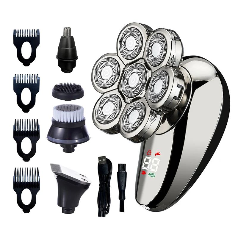 5 in 1 elektrisk barbermaskine til mænd, hårklipper til skaldet hoved, næsetrimmer, 7d flydende blade, barbering af skægkniv, genopladelig barbermaskine: Orange
