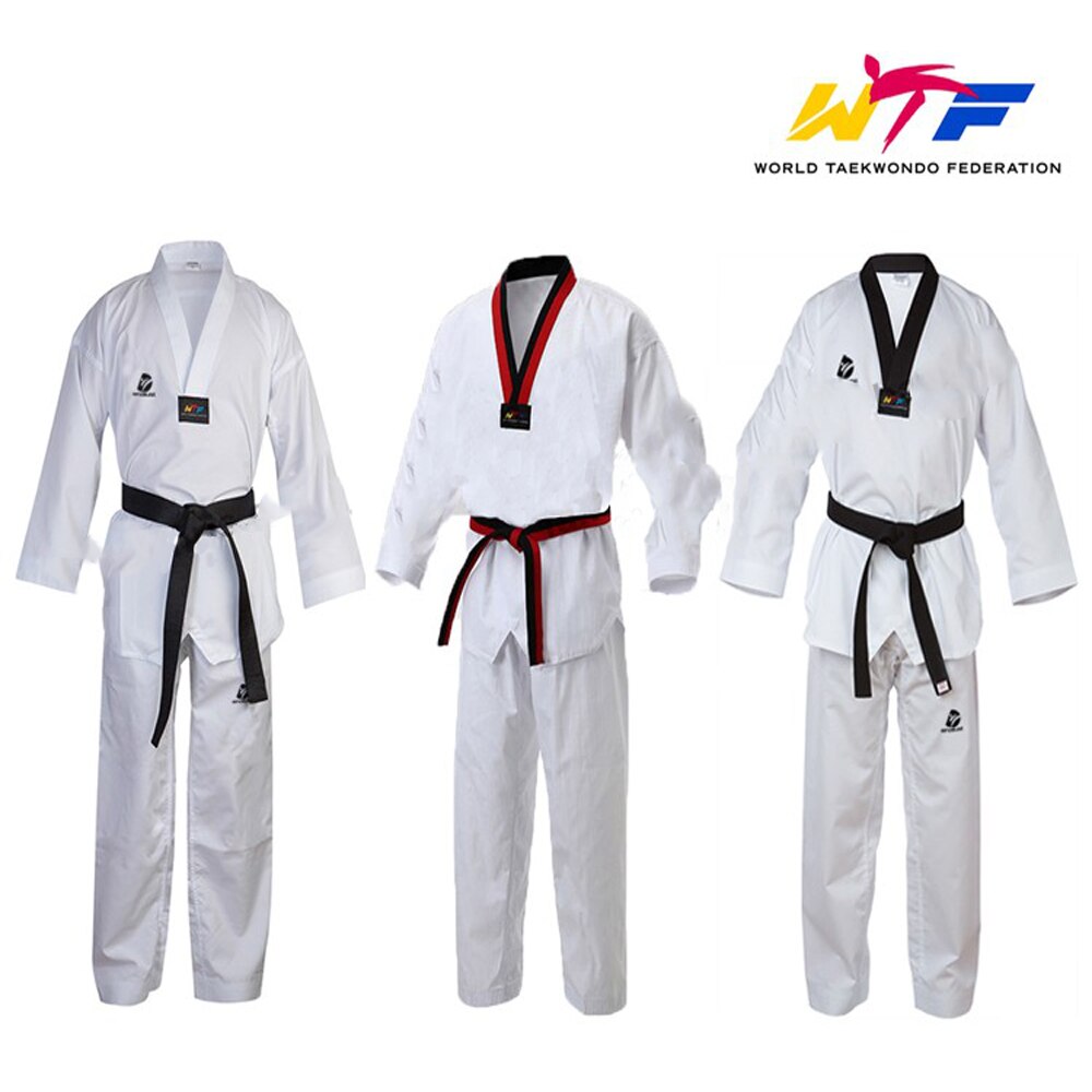 Wtf taekwondo basuniform dobok taekwondokläder barn vuxen träningsuniform röd svart v-ringad uniform