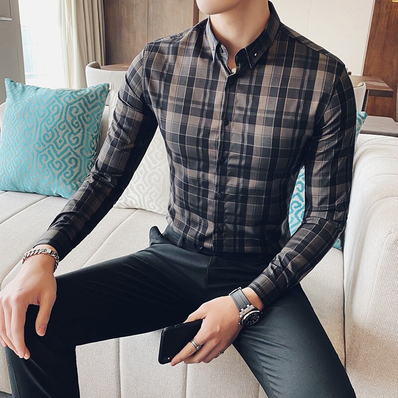 Lente geruite overhemden heren slank lange mouwen klassieke britse stijl casual formeel zakelijk overhemden heren jurk sociaal chemise homme